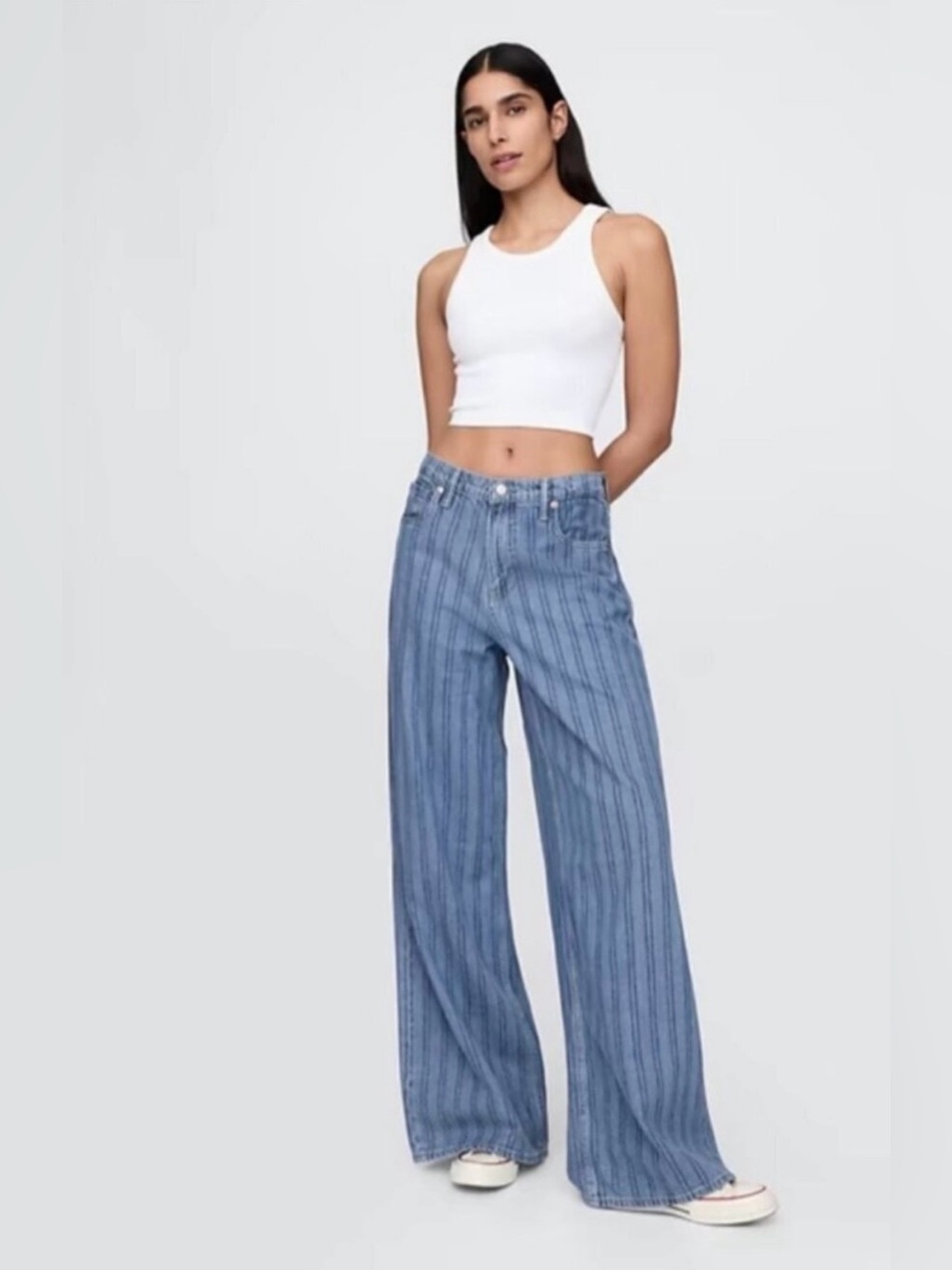 Gap UltraSoft Baggy Mid Rise Jeans 25P 0P Petite Indigo Stripe Wide Leg Women’s
